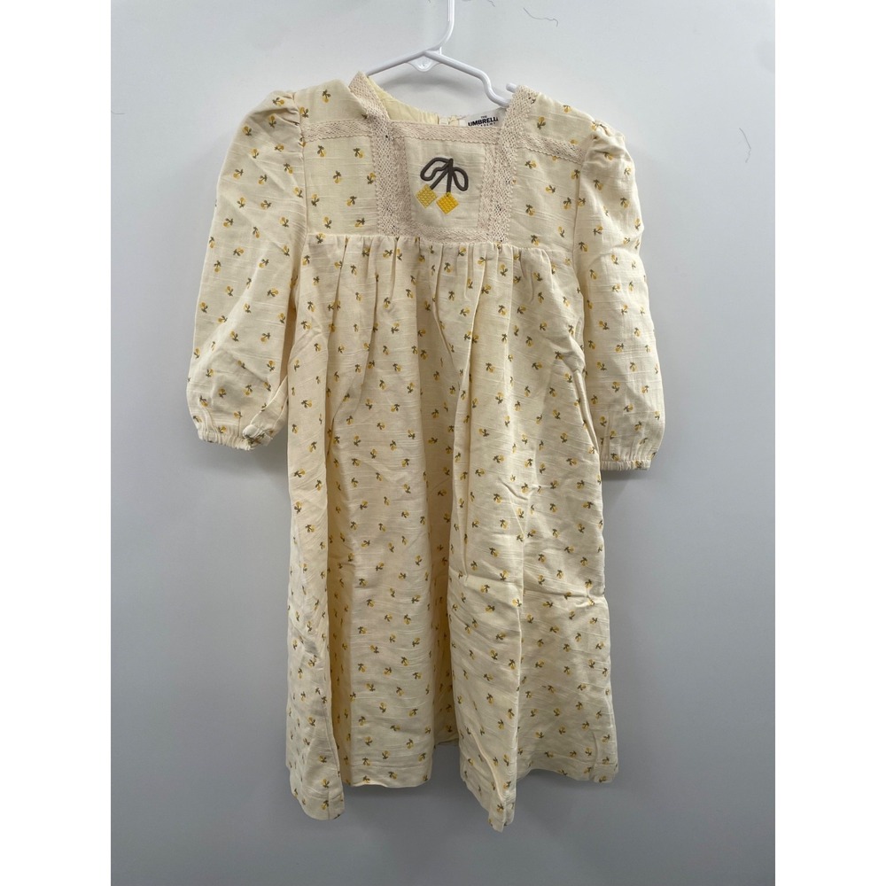 NWT The Umbrella Academy Cherry Printed Linen Dress Girl 6 Yellow Pleated Zipper